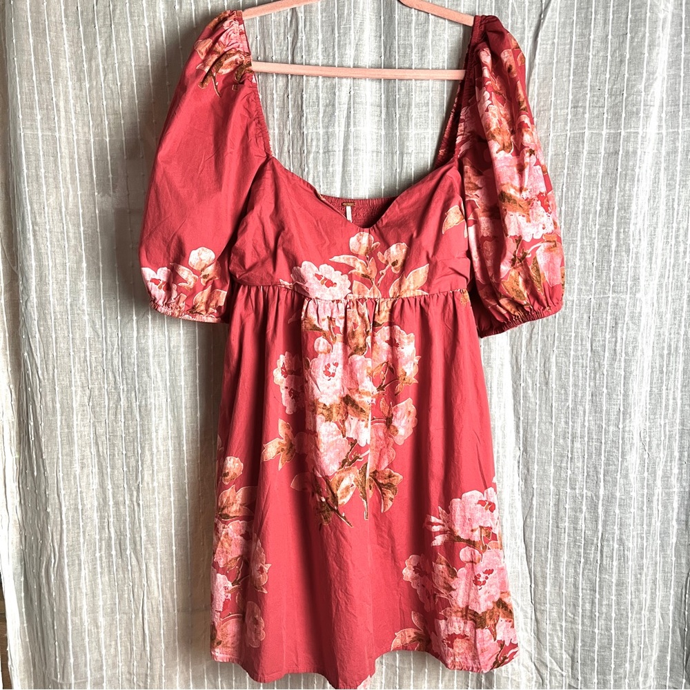 Floral Puff Sleeve Mini Dress in Coral Pink
